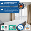 Schlafzimmer mit einem Bett, auf dem die Matratze Klassik XXL liegt. Text: ‚Unser BMM Kaltschaum-Matratze Klassik XXL – zertifiziert und getestet.‘ Darunter: ‚100 Nächte Probeschlafen – kostenfreie Abholung und Kaufpreiserstattung aus Deutschland und Österreich.‘ Abgebildete Prüfsiegel: Made in Germany, OEKO-TEX Standard 100, CertiPUR und LGA Qualitäts-Zertifika